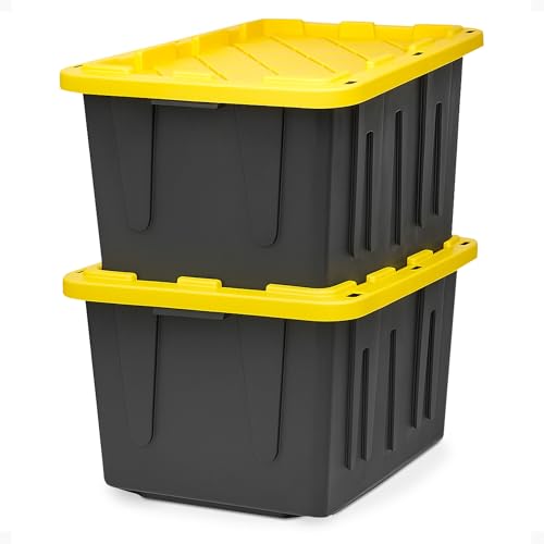 HOMZ 2-Pack Durabilt, Heavy Duty Plastic Storage Bins with Lids, 27 Gallon, Black/Yellow - Stackable Container Boxes for Home, Attic, and Garage Organization - color: Black Base/Yellow Lid, size: 27 Gallon (Pack of 2)