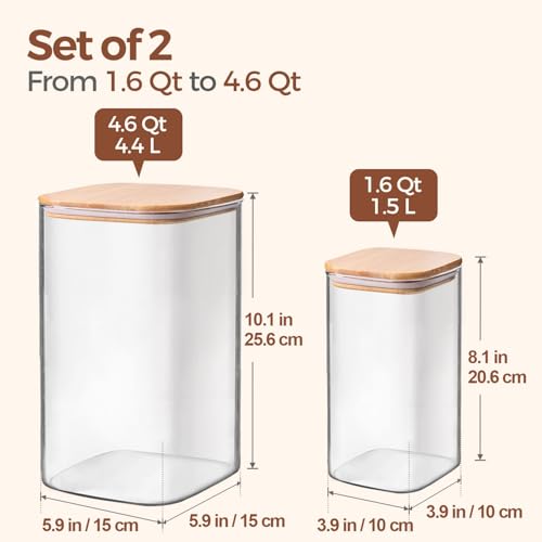 ComSaf Glass Pantry Storage Containers, 4.6Qt/1.6Qt Large Square Flour and Sugar Containers with Airtight Lids, 1.2 Gallon Glass Jars with Bamboo Lids for Rice, Pasta, Cookies, Coffee Beans - color: 4.6Qt/1.6Qt-Square