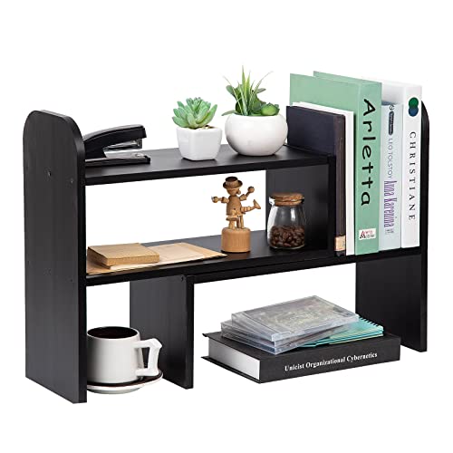VERGOODR Desktop Adjustable Natural Wood Book Shelf Organizer Office Storage Rack Display Stand Caddy Set Expandable Desk Organizer (Black) - color: Black