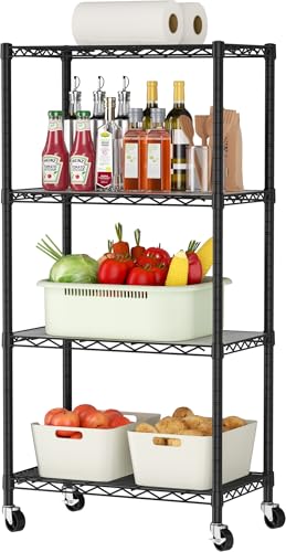 Golpart 4 Tier Shelves Storage Shelf Wire Closet Bathroom Organizers Metal Pantry Kitchen Garage Shelving Unit Laundry Room Organization Home Rack Net Basket Black with Wheels 14”D X 24”W X 48.9”H - color: Black, size: 4 shelves (14 "D X 24 "W X 48.9 "H)
