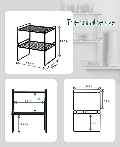Shantton 2Pack Kitchen Cabinet Shelf Counter Organizer Rack Pantry Storage Bathroom Bedroom Office Table Desk Space Saving Stackable Rust Resistant Non Slip Black Wide L13.1in W10.6in H7.3in - color: Black, size: L13.1'' W10.6'' H7.3''