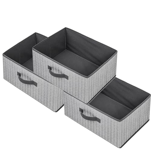 Storage Baskets, 15.7 Inch Woven Fabric Bins, Storage Cubes with Reinforced Handles, Organizer Bins for Closet Shelves, Foldable, for Toys, Clothes (3PCS/Grey-15.7*11*7.8inch)
