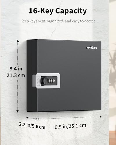 Uniclife 16 Keys Key Lock Box, Wall Mount Key Box, Key Cabinet, Car Key Organizer with Writable Key Racks and Tags, Security Key Holder Storage Box for Office, Hotel & Company - color: Black, size: 16-Key(Combo Lock)