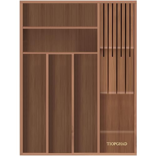 TIOPGHAD Small-Bamboo-Silverware-Drawer-Organizer, Expandable Utensil Kitchen Cutlery Tray Flatware Organization Wood Tableware Dividers Storage (with Removable Knife Block)(Brown) - color: Brown, size: Medium