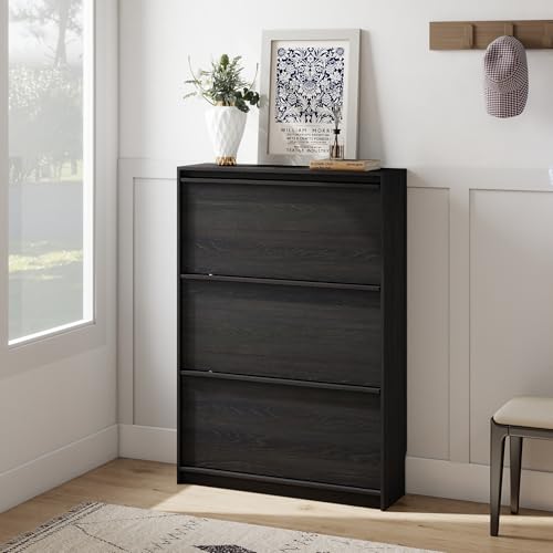 Shoe Cabinet with 3 Flip Drawers, 31.5" W Narrow Shoe Storage Cabinet for Entryway, Slim Shoe Organizer with Adjustable Shelves, Freestanding Shoe Rack for Hallway, Living Room, Black - color: Black, size: 9.45"D x 31.5"W x 45.47"H