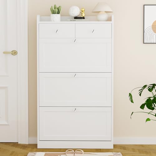 VOWNER Shoe Cabinet with 3 Flip Drawers & 2 Drawers, Freestanding Shoe Storage Cabinet with Adjustable Shelves, Shoe Organizer for Entryway, Hallway, Living Room, White
