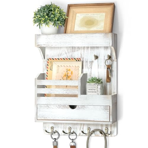 Rebee Vision Farmhouse Key Holder Wall Mount with Drawer Organizer – Pine Wooden Mail and Key Organizer for Wall with 6 Rustic Hooks & Floating Shelf – Chic Home Decor Accent (Whitewash) - color: Whitewash, style: Large Drawer