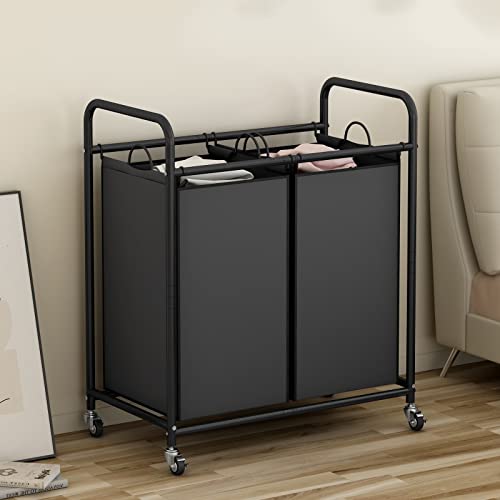 SUOERNUO Laundry Hamper Basket 2 Bag Laundry Sorter Cart with Rolling Lockable Wheels and Removable Bags Laundry Organizer Cart for Clothes Storage, Black - color: Black, size: 2 Bags