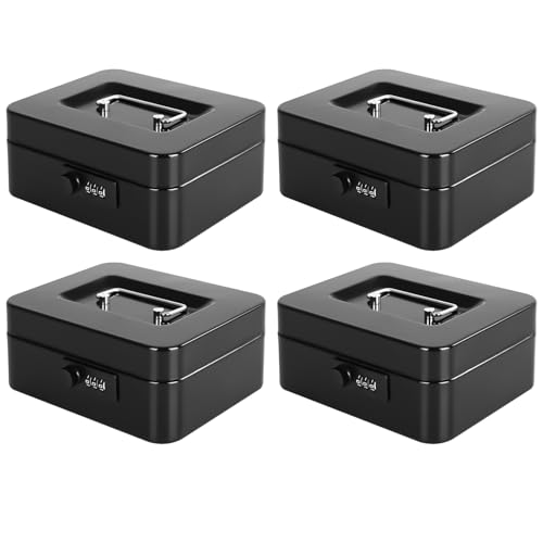 KYODOLED Metal Cash Box with Combination Lock & Money Tray - Secure Safe for Home, Office & Events, Ideal for Cash, Meds & Small Items, 7.87" x 6.30" x 3.35", Black, 4PACK - color: Black-4PACK, size: Medium