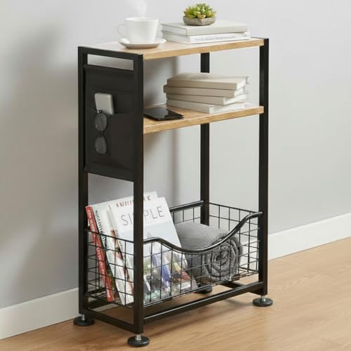 Skinny Side Table with Storage, 3 Tier Slim Side Tables for Small Spaces, Skinny End Table Narrow Bedside Table Narrow Side Table for Living Room, Bedroom - color: Oak