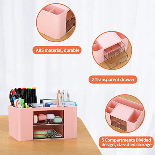 Desk Organizer with 2 Drawer, Plastic Desktop Pen Pencil Card Holder Storage Box for Desk, Office Supplies, Vanity Table Office School Home (Pink) - color: Pink