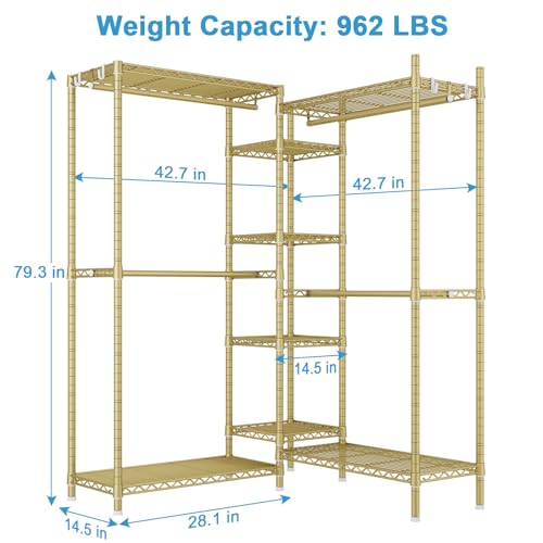 Ulif E4L Corner Clothes Rack, L Shaped Garment Rack, Heavy-Duty Freestanding Closet System with Shelves and Hangers, Max Load 962lbs, 42.7" W x 42.7" D x 79.3" H, Gold - color: Gold
