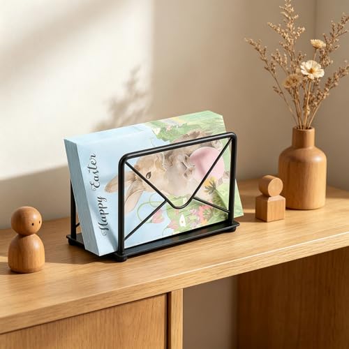 Modern Mail Holder for Home Office, Metal Letter Organizer Sorter for Desk, Cutout Mail Envelope Design, Bill Filling Paper Document Rack, Envelope Storage Rack with Metal Base - color: Metal Black