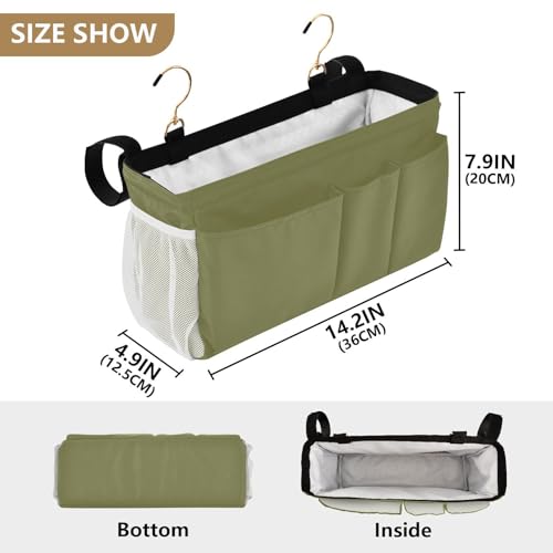 Olive Color Bedside Caddy Storage Bag Bedside Organizer for Dorm Room Top Bunk Bed Bedside Shelf Hanging Organizer 6 Pockets with Hooks for Glasses Book Tablet Holder - color: Olive Color