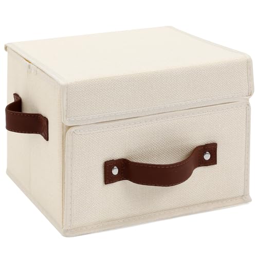 Storage Bins Box with Lids Front Opening Window Decorative Cotton Linen Fabric Basket PU Leather Handles Washable PP Plastic Board Foldable Shelf Closet Organizer Container (Beige, Small) - color: Beige, size: Small ( Pack of 1 )