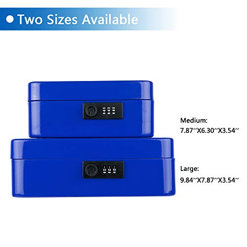 KYODOLED Cash Box with Combination Lock,Safe Metal Box for Money,Storage Lock Box with Money Tray,7.87"x 6.30"x 3.54" Blue Medium - color: Blue, size: Medium