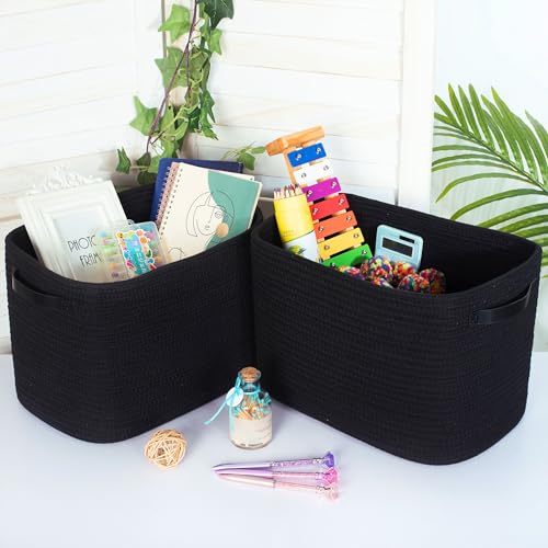 MINTWOOD Design 3-Pack Storage Baskets for Shelves, Decorative Baskets for Organizing, Woven Baskets for Storage, Book Basket Cube Bin Box, Pantry Closet, Shoe Organizer, Black / Black - color: Black / Black