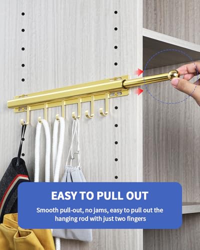 BaiNong 16.5 inch Valet Rod for Closets Pull Out Closet Valet Rod Slide Out Extra long Gold Valet Rods for Closets With 6 Hooks - color: Gold, size: 16.5 Inch