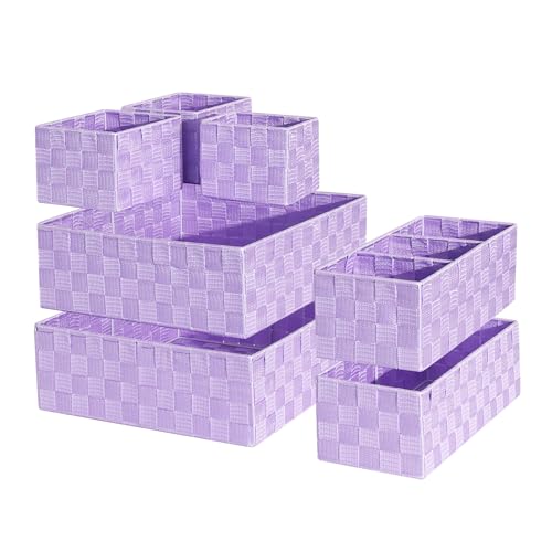 Drawer Organizer, Cube Baskets for Storage Shelves, Handmade Small Woven Basket, Shallow Storage Bins for Organizing Desk, Dresser, Kitchen, Pantry, Nested 7 Pack, Purple - color: Purple