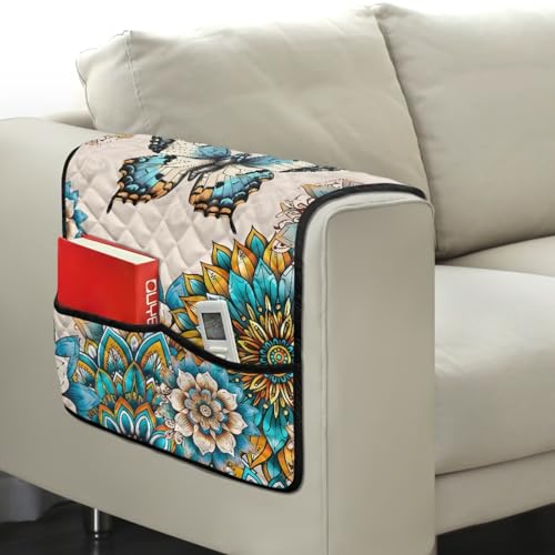 Boho Mandala Butterfly Print Sofa Armrest Organizer Scratch Proof Couch Arm Covers wirh Side Storage Pocket for Living Room Machine Washable Couch Chair Armrest Storage - color: Boho Mandala Butterfly
