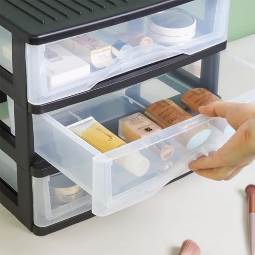BYCY Medium 3 Drawer Plastic Clear Stacking Desktop Organizer for Office Supplies, Stackable Storage Drawers Storage Bins For Kitchen Cabinets, Pantry, Home Organization (Black, Medium 3Drawer) - size: Medium 3Drawer