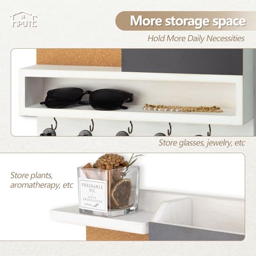 Key Holder for Wall Mount with Mail Organizer, Farmhouse Key Holder for Wall with Shelf, Chalkboard&Corkboard, Entryway Organizer 11 Metal Hooks, Decorative Natural Pine Wood, 14.6*11.1*3.3”, A-White - color: White-a