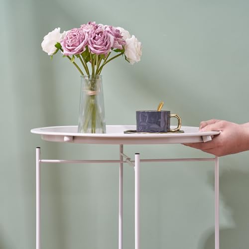 VECELO Round Side/End Table with Fabric Storage Basket，Metal Anti-Rust and Waterproof Small Bedside Nightstand with Removable Tray Top for Living Room，Balcony & Laundry，Beige/1pcs with Basket - color: Beige, size: 1 PCS