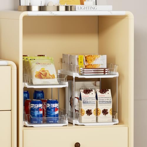 Delamu 4 Pack 2-Tier Bathroom Under Sink Organizers and Storage, Multi-Purpose Stackable Pantry Organization and Storage, Pull Out Clear Kitchen Bathroom Cabinet Organizer with Movable Dividers, White - color: White, size: 4 Pack 2-Tier