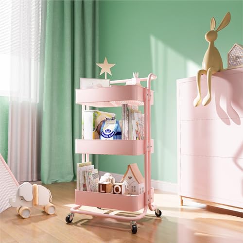3 Tier Rolling Storage Cart, Metal Rolling Utility Cart with Wheels, Multifunctional Sturdy Organizer for Snack Cart, Craft Art Supplies, Kitchen, Bathroom, Office, Nursery Diaper - color: Pink