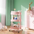 3 Tier Rolling Storage Cart, Metal Rolling Utility Cart with Wheels, Multifunctional Sturdy Organizer for Snack Cart, Craft Art Supplies, Kitchen, Bathroom, Office, Nursery Diaper - color: Pink
