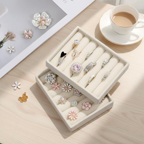2 PCS Small Jewelry Tray Ring Organizer, Velvet Stackable Ring Organizer Mini Jewelry Drawer Organizer Tray 6 Slots Ring Stud Earrings Display Case for Women(Beige) - color: Beige