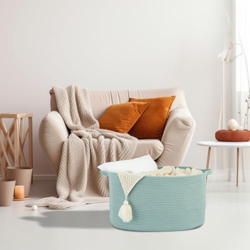 XUANGUO Large Rectangle Blankets Basket Living Room 22"x17"x12" Woven Cotton Rope Storage Baskets for Nursery Toy Baskets for Kids and Dogs Wicker Laundry Basket Bin for Clothes Towels green - color: light green