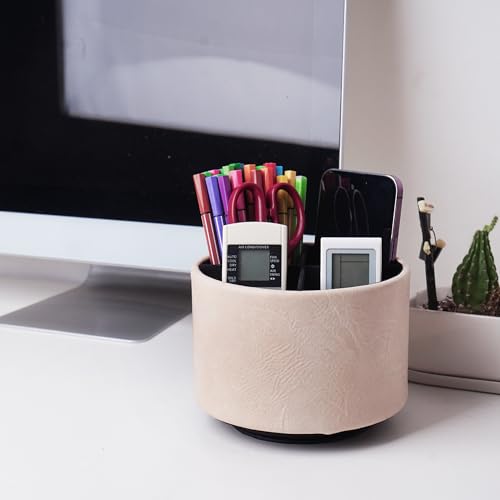 Hennaja Round Leather Art Supply Organizer,Remote Control Holder,360 Degree Spinning,Multi-Functional Pencil Holder,4 Compartments Desktop Stationary Organizer(1-Crazy White) - color: 1-Crazy White