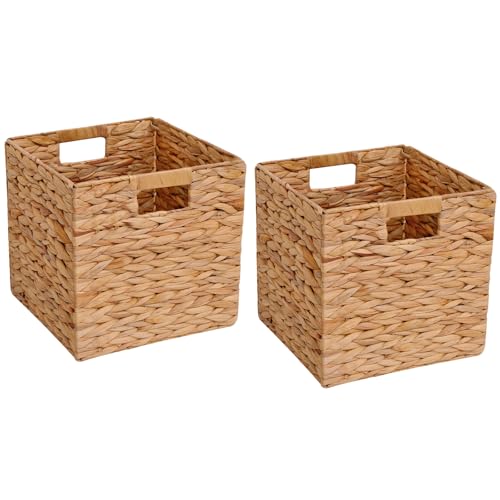 Wicker Storage Basket Foldable Hyacinth Storage Box Set of 2, 12x12x12 Inch - Handmade Woven Basket for Closet,Shelf Organization & Decor