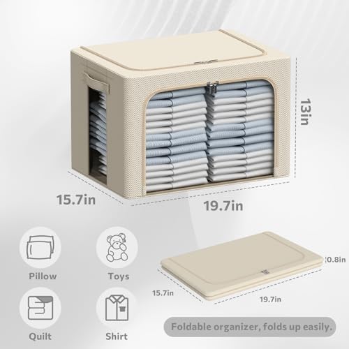 CYhom 3Pack Frame Storage Box - Clothes Storage Bin Bags Oxford Fabric Foldable Stackable Container Organizer Set with Clear Window & Carry Handles Large Capacity (Beige, Large-66L) - color: Beige, size: Large-66L