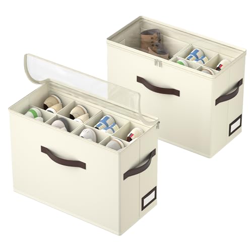 OIAHOMY 2 Pack Shoe Organizer for Closet, Foldable Shoe Storage Bins with Adjustable Dividers, Stackable Oxford Cloth Sneaker Boxes for Entryway Bedroom, Fits Up to 16 Pairs, Beige - color: Beige, size: 2 Pack
