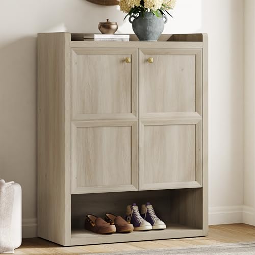 SICOTAS Shoe Cabinet Storage for Entryway - 24-Pair Shoe Cabinets with Doors and Adjustable Shelves, Farmhouse 33.9" Wide 7-Tier Shoes Storage Cabinet for Mudroom Closet Hallway, Grey White Oak - color: Grey White Oak, size: 1 Piece