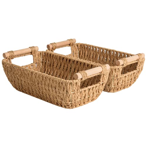 StorageWorks Hand-Woven Small Wicker Baskets, Round Paper Rope Storage Baskets with Wooden Handles, Light Brown, 2-Pack - color: Light Brown, size: Small