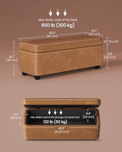 VASAGLE EKHO Collection - Storage Ottoman Bench, Entryway Bedroom Bench, 25 Gallons, Synthetic Leather with Stitching, Mid-Century Modern, Safety Hinges, Loads 660 lb, Caramel Brown ULOM075K01 - color: Caramel Brown, style: 25-Gallon Storage Bench