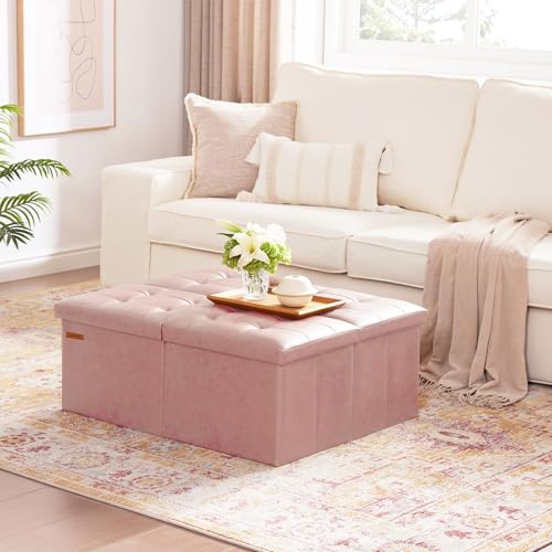 HAUSFRAU 31.5 Inches Ottoman with Storage Bench, Folding Ottoman Bench Small Foot Rest Stool, Bedroom Bench with Flipping Lid, Faux Leather Pale Pink - color: Pale Pink, size: 13"D x 31.5"W x 13"H