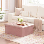 HAUSFRAU 31.5 Inches Ottoman with Storage Bench, Folding Ottoman Bench Small Foot Rest Stool, Bedroom Bench with Flipping Lid, Faux Leather Pale Pink - color: Pale Pink, size: 13"D x 31.5"W x 13"H