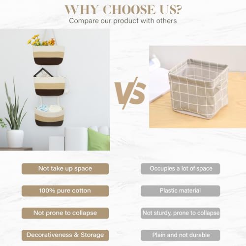 TeoKJ Over the Door Hanging Basket, 3-Tier Woven Cotton Wall-Mounted Storage Organizer Bag Decorative Hanging Nursery Baskets，Gradient Brown - color: Gradient Brown