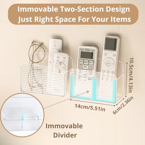 LINFIDITE 2 Pack Adhesive TV Remote Control Holder Wall Mount TV Remote Holder For Bedside Wall Remote Control Caddy Storage Organizer Stand Box （For 2 Or 4 Remote Controls – Transparent ） - color: Clear White, size: 2 Pcs Fxed Dividers