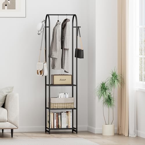 Garment Rack, Coat Rack With 3 Shelves and 4 Hooks, 71" H Clothes Stand For Hanging Clothes, Hanging Rod For for Bedroom, Hallway, Entryway, Office, Living Room, Black - color: Black, style: with Arched Top