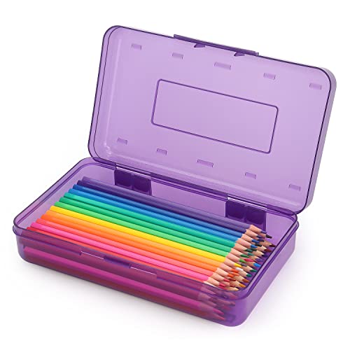 Tamaki 1 Pack Plastic Pencil Box Large Capacity Pencil Boxes Clear Boxes with Snap-tight Lid Stackable Design and Stylish Office Supplies Storage Organizer Box, Purple - color: Purple