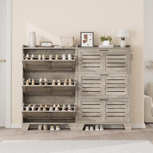 IDEALHOSUE Shoe Cabinet Storage for Entryway, Slim Shoe Storage Cabinet with 3 Flip Drawers, Freestanding Hidden Narrow Shoe Organizer Cabinet with Hooks for Entrance, Foyer, Hallway, Gray - color: Grey, size: 3-Drawers
