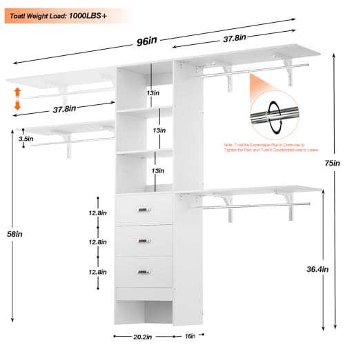 8FT Closet System, 96'' Closet Organizer System with 3 Hanging Rods, Wall Mount Bedroom Wardrobe with 3 Drawers Walk-in Closet, Adjustable Cloth Garment Rack from 5 to 8FT (Cut to Fit), White - color: White