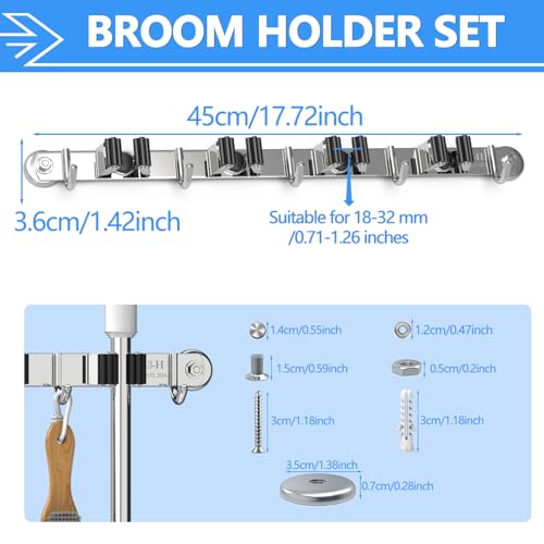 3-H Magnetic Broom Holder Wall Mount 1 Pack, 2-in-1 Dual Mount (No Drill or Screw Fix), 304 Stainless Steel Heavy Duty Magnet Mop Broom Organizer for Kitchen Garden Garage(4 Racks & 5 Hooks,Silver) - color: Silver, size: 1pc & 4R5H
