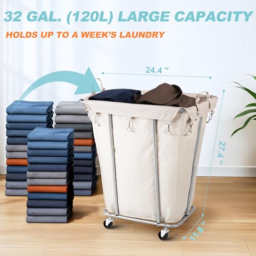 PLKOW Laundry Basket with Wheels 120L Heavy-Duty Laundry Cart with Removable Waterproof Bag, Metal Frame Clothes Basket with Lockable Casters for Home, Laundry Room, Hotel, Beige - color: Beige-120L