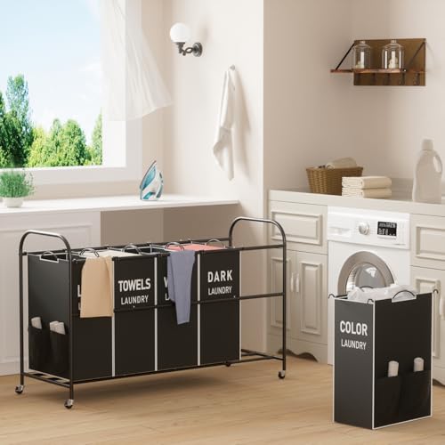 5-Section Laundry Sorter Cart, Large Laundry Hamper with Lockable Rolling Wheels, Versatile Storage Organizer with Removable Bags for Dirty Clothes, Black - color: Black